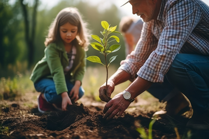 Grandfather plants tree with his granddaughter